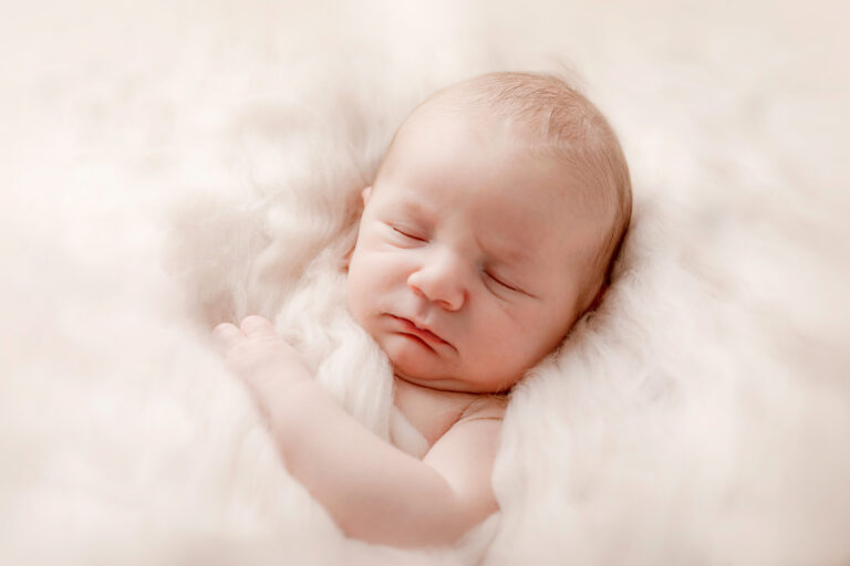 Een baby geposeerd tijdens een geposeerde newbornsessie in de studio /portfolio